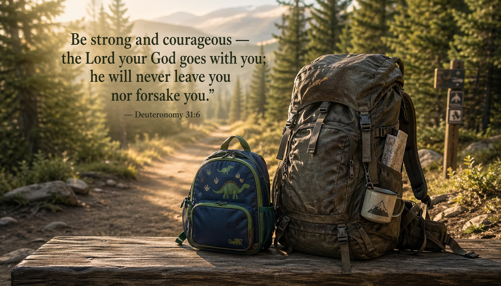 Child small backpack and adult weathered hiking pack side by side on trailhead bench forest path morning light ahead -- Deuteronomy 31:6 wallpaper